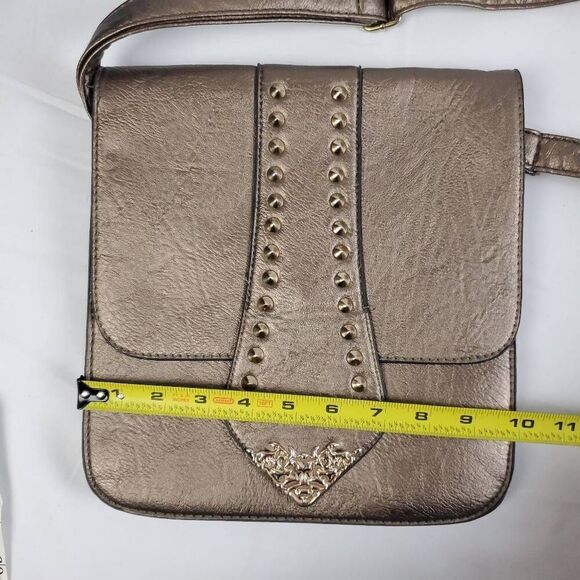 Bronze Studded Crossbody Purse Small Satchel Faux Leather with Gold Detail 11x9 - Picture 4 of 10